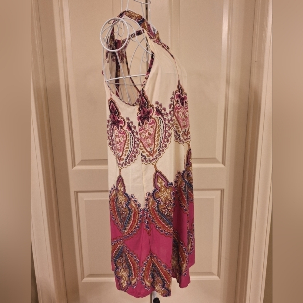 Paisley Print A-Line Swing Halter Dress MultiColor Pink Ivory Blue - Picture 4 of 6